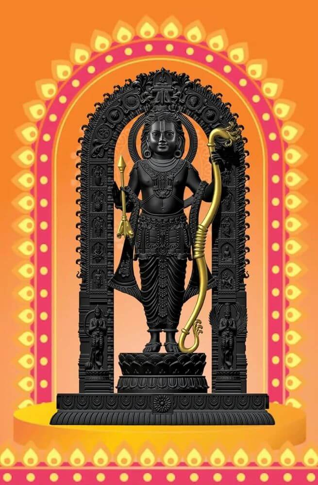 Exquisite Shri Ram Lalla Idol in black stone with 24K gold-plated details, symbolizing devotion and spiritual beauty.