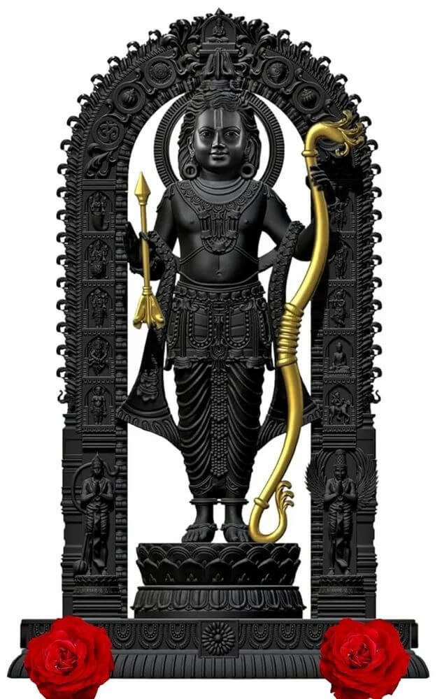 Shri Ram Lalla idol in black stone with gold detailing, symbolizing devotion and spirituality, adorned with roses.